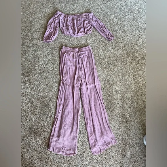 Lulu's Mauve Off-Shoulder Wide Leg Jumpsuit - Picture 3 of 5